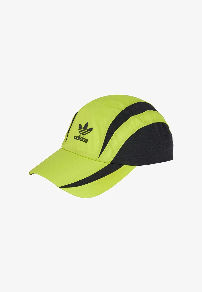 Fluorescent yellow cap with black accents, made of lightweight material. Features a curved brim and Adidas logo on the front.