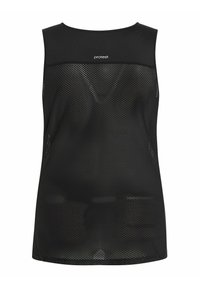 Zwarte mouwloze tanktop van gaasstof, met een ronde halslijn, een losse pasvorm en een subtiele logo-accent op de voorkant.