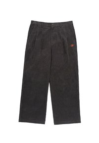 Dark gray corduroy pants with a loose fit, featuring front pleats and a small orange logo on the left side.