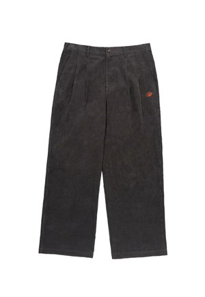 Dark gray corduroy pants with a loose fit, featuring front pleats and a small orange logo on the left side.