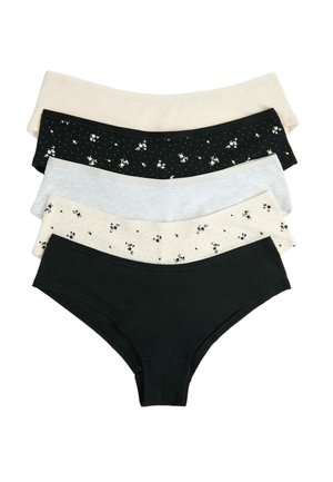 Fem kvinders bikini-stil bomuldsundertøj med elastiske linninger, med ensfarvede og blomsterprint i sort, hvid, beige og grå.