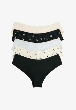 Fem kvinders bikini-stil bomuldsundertøj med elastiske linninger, med ensfarvede og blomsterprint i sort, hvid, beige og grå.