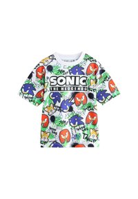 T-Shirt mit kurzen Ärmeln aus Baumwolle, das ein buntes Grafikdruckmotiv mit Sonic-Charakteren und Text auf einem weißen Hintergrund mit grünen Akzenten zeigt.