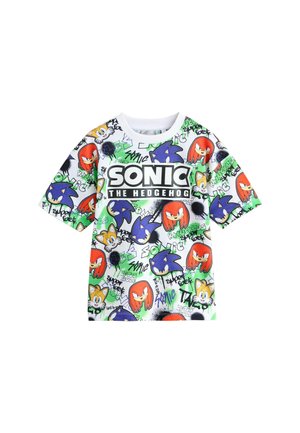 Short-sleeved cotton t-shirt featuring a colorful graphic print of Sonic characters and text on a white background with green accents.