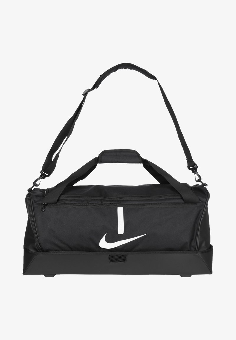 Borsa duffel nera Nike con logo, dotata di compartimento principale con zip, tracolla regolabile e base rinforzata.