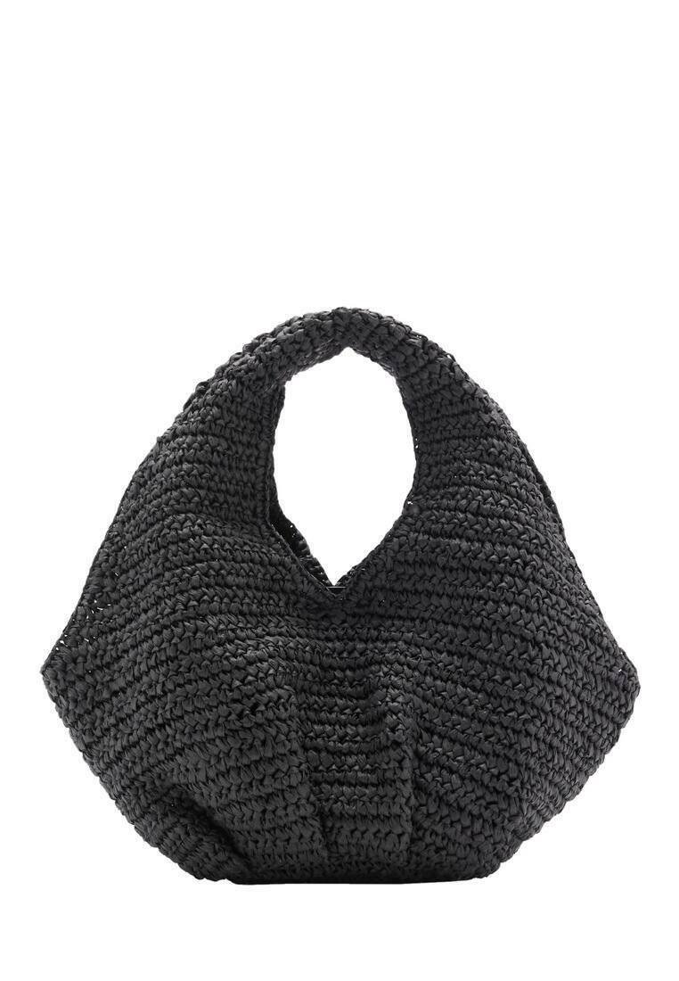 Sac tissé noir avec une ouverture distinctive en forme de U, une surface texturée et un fond arrondi. Confectionné à partir d'un matériau flexible et durable.