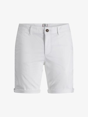 Shorts en coton blanc avec un ourlet roulé, dotés d'une fermeture à bouton, de poches avant et d'un tissu texturé. Design à coupe standard.