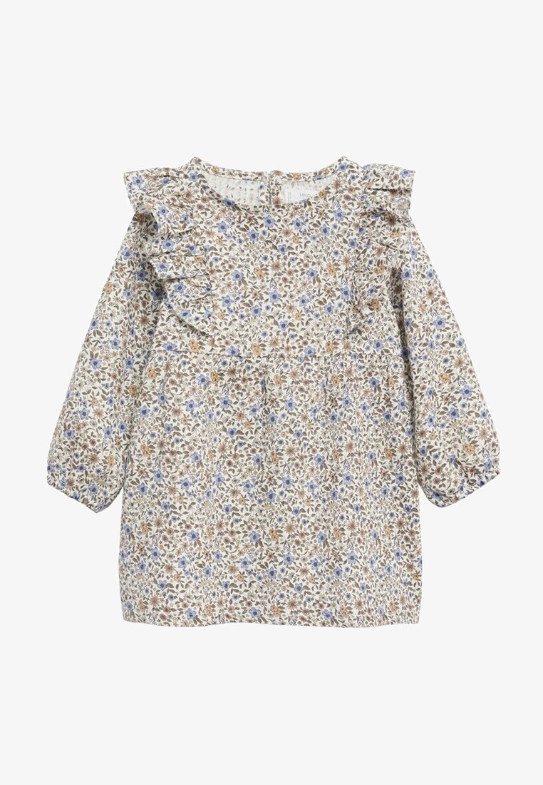 Floral print blouse with balloon sleeves, featuring a ruffled neckline. Colors include cream, blue, and brown on a light background.
