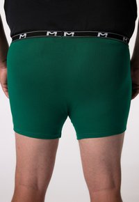 Zelené boxerky vyrobené z elastického materiálu, s černým pasem obsahujícím bílé logo. Hladký povrch, přiléhavý střih a délka do poloviny stehna.