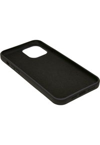 Black phone case with a textured interior and smooth exterior. Features a cutout for camera and openings for buttons. Slim, lightweight design.