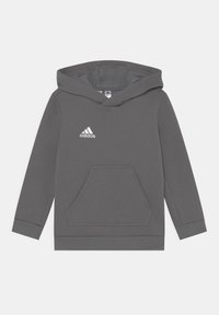 Felpa grigia in cotone con tasca frontale, maniche lunghe e cappuccio con cordino. Presenta un logo adidas bianco sul petto.