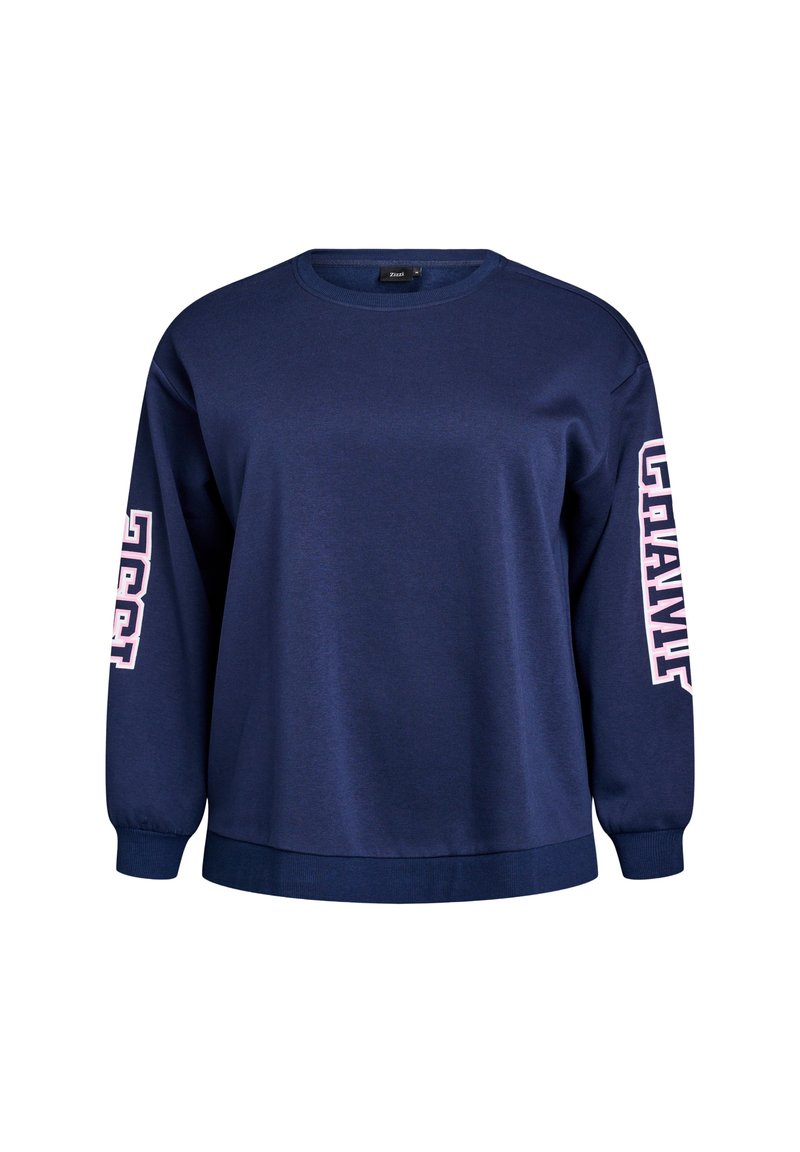 Marineblaues Rundhals-Sweatshirt aus weichem Stoff, mit langen Ärmeln und pinkem Grafiktext entlang des rechten Ärmels.