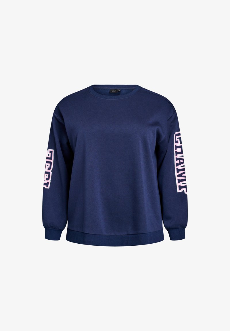 Navy blue crewneck sweatshirt made of soft fabric, featuring long sleeves and pink graphic text along the right sleeve.