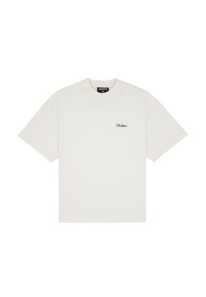 Weißes Baumwoll-T-Shirt mit Rundhalsausschnitt und kurzen Ärmeln. Verfügt über ein kleines besticktes Logo auf der Brust und eine lockere Passform.