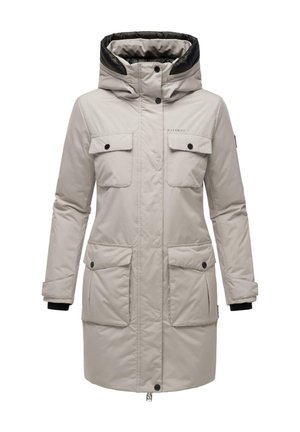 Lichtgrijze geïsoleerde parka-jack met een zwarte capuchon, voorzien van vier voorzakken, drukknoopsluitingen en elastische manchetten voor warmte en bescherming.