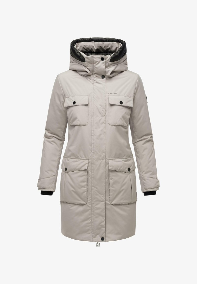 Light grey insulated parka jacket with a black hood, featuring four front pockets, snap closures, and elastic cuffs for warmth and protection.
