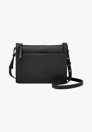 Bolso de cuero negro tipo bandolera con forma rectangular, cierre de cremallera, correa ajustable, bolsillo frontal plano y diseño minimalista.