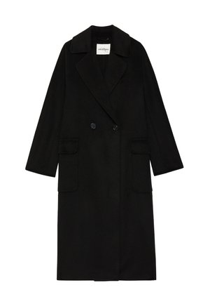 Crni dvoredni vuneni kaput s izrezanim ovratnikom, dva prednja džepa i dugim rukavima, sa glatkom teksturom i krojem po mjeri.