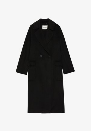 Crni dvoredni vuneni kaput s izrezanim ovratnikom, dva prednja džepa i dugim rukavima, sa glatkom teksturom i krojem po mjeri.