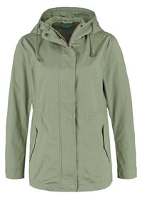 Ljusa gröna, lätta jacka med huva, framdragkedja, snörning och två sidofickor. Slät yta med en avspänd design.