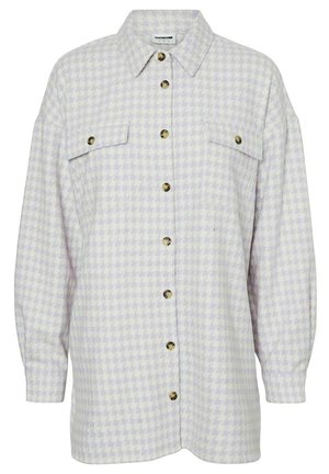 Helllila karierter Hemd mit Knopfverschluss, zwei Fronttaschen und langen Ärmeln. Das Material hat eine weiche Textur und einen lässigen Schnitt.