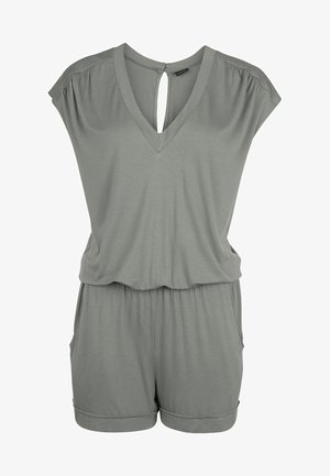 Šedý overal vyrobený z mäkkej textílie, s výstrihom do V, krátkymi rukávmi a elastickým pásom s vreckami. Jednoduchý dizajn a voľný strih.