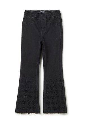 Jean flare noirs avec une taille élastique. Le tissu en denim présente des motifs pied-de-poule perforés au bas des jambes et un ourlet effiloché.