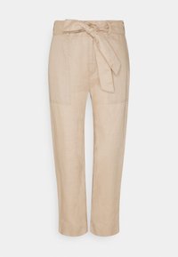 Beiga linnebyxor med hög midja, utrustade med ett knytbälte och två framfickor. Slät textur med rak benprofil.