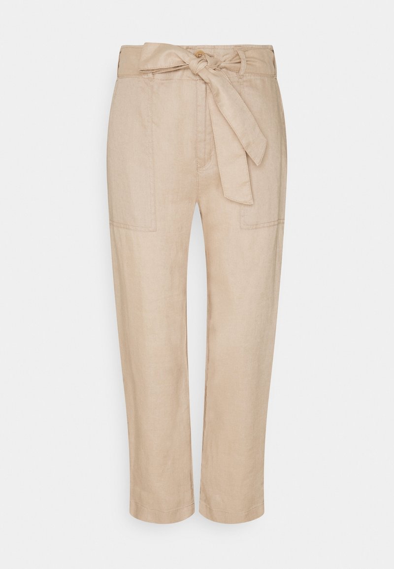 Beiga linnebyxor med hög midja, utrustade med ett knytbälte och två framfickor. Slät textur med rak benprofil.