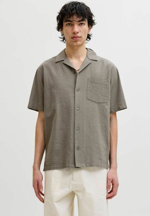 Mladić srednje duge tamne kose nosi sivo teksturirano kratkih rukava dugme na košulji i svijetle hlače na jednobojnoj pozadini.