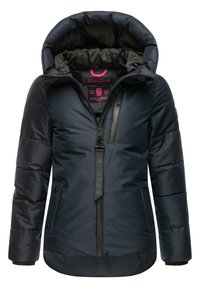 Marineblaue Daunenjacke mit Kapuze, ausgestattet mit einem Frontreißverschluss, zwei Seitentaschen und kontrastierenden schwarzen Akzenten. Strukturierter Stoff, warme Isolierung.
