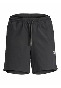 Dunkelgraue Shorts mit einem elastischen Bund und Kordelzug. Sie verfügen über seitliche Taschen und ein kleines weißes Logo auf der unteren rechten Seite.