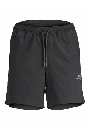 Dunkelgraue Shorts mit einem elastischen Bund und Kordelzug. Sie verfügen über seitliche Taschen und ein kleines weißes Logo auf der unteren rechten Seite.