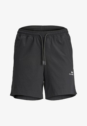 Ciemnoszare szorty z elastycznym paskiem w talii i sznurkiem do regulacji. Posiadają boczne kieszenie i małe białe logo na dolnej prawiej stronie.