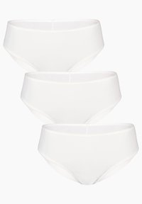Tre paia di mutande di cotone bianco per donna, con un design a vita alta, texture liscia e cintura elastica coordinata.
