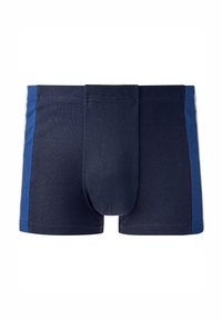 Dark navy stretch boxer shorts with a contrasting blue side panel, featuring a seamless front and elastic waistband. Soft cotton blend material.