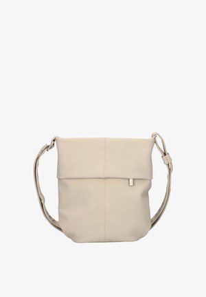 Sac bandoulière en cuir beige avec sangle réglable et rabat supérieur plié, doté d'une petite étiquette de marque argentée à l'avant.