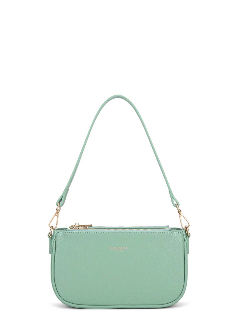 Borsa a tracolla in pelle verde menta con chiusura a zip, silhouette sottile e ferramenta in tonalità oro. Dotata di una tracolla rimovibile.