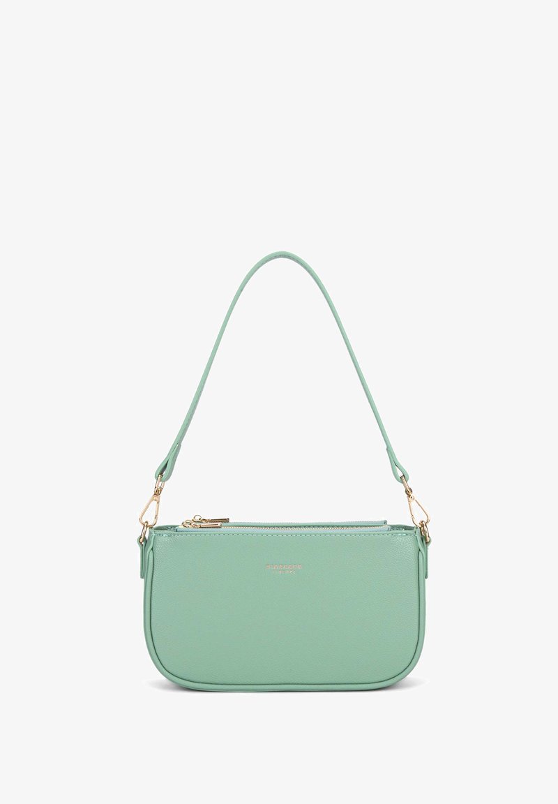 Borsa a tracolla in pelle verde menta con chiusura a zip, silhouette sottile e ferramenta in tonalità oro. Dotata di una tracolla rimovibile.