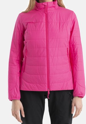 Ljusrosa quiltad jacka med hög krage, framdragkedja och sidofickor. Har en lätt, slät textur och elastiska ärmslut.