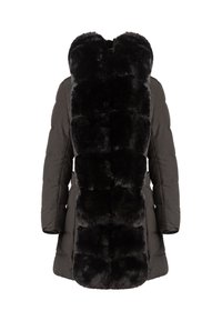 Schwarze Fleece-Parka mit gestepptem Design, ausgestattet mit einem auffälligen Kragen aus Kunstfell und einer schlanken, taillierten Silhouette.