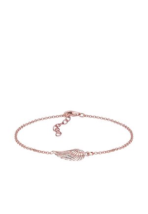 Rose gold bracelet with a delicate chain and wing-shaped charm. Features fine links and a lobster clasp for secure fastening.