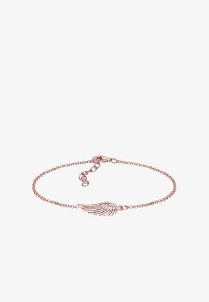 Roségold-Armband mit zarter Kette und flügelförmigem Charm. Verfügt über feine Glieder und einen Karabinerhaken für einen sicheren Verschluss.