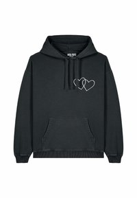 Haut à capuche noir en tissu doux, avec une poche kangourou sur le devant, un ourlet et des poignets côtelés, et deux motifs de cœur superposés en blanc.