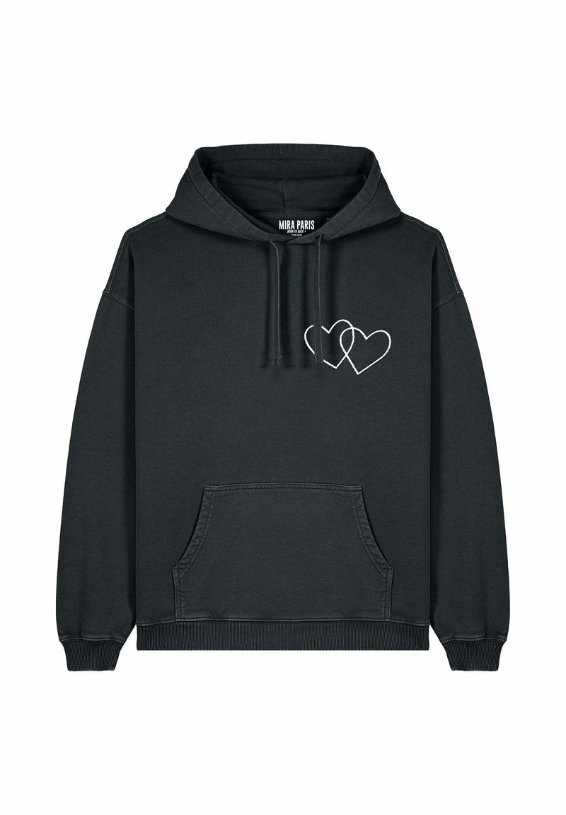 Haut à capuche noir en tissu doux, avec une poche kangourou sur le devant, un ourlet et des poignets côtelés, et deux motifs de cœur superposés en blanc.