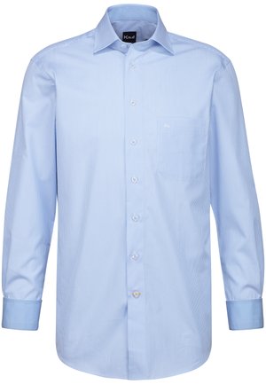 Himmelblaues, langärmliges Hemd mit vertikalen weißen Streifen, Button-Down-Kragen, Brusttasche und blauen Knöpfen, aus einem glatten Stoff gefertigt.