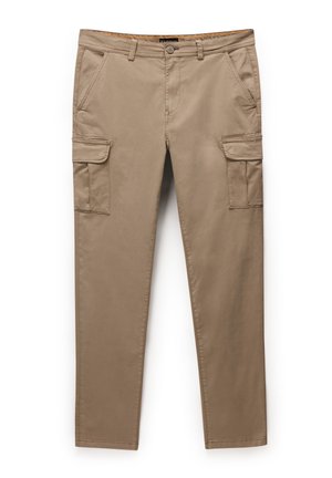 Khaki Cargo-Hosen aus weichem Stoff, mit vier Taschen, geradem Schnitt und flachem Vorderdesign mit sichtbaren Nähdetails.