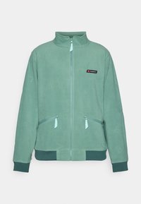 Mintgrønn fleecejakke med full glidelås, to frontlommer, ribbestrikkede mansjetter og en kontrastfarge nederst. Har en diskret logo-patch.