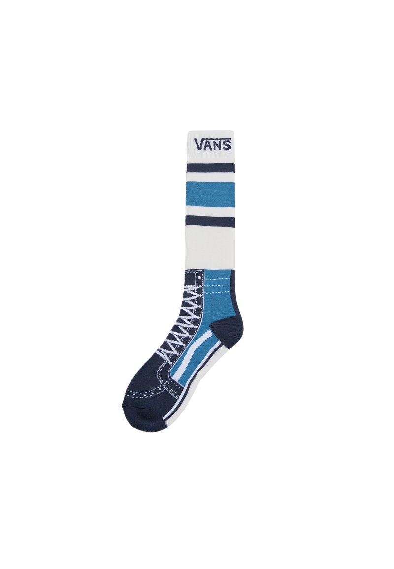 Blå och vita ankelsockor med ett sneakersdesign, navy tå, kontrasterande ränder och "VANS"-logotyp upptill.