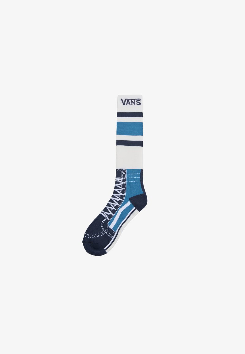 Blå og hvide strømper med korte ankler, der har et sneakers design med en marineblå tå, kontrasterende striber og "VANS" logoet øverst.